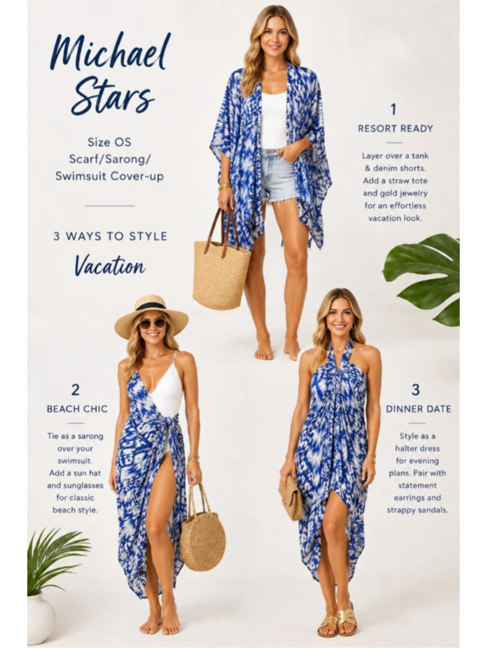 Michael Stars Blue White Ikat Scarf Sarong Swimsuit Cover-Up OS Resort Beach